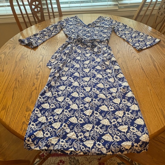 Boden Amy Jersey Midi Dress Double V Belted Blue White Size 6R VGUC Side Pockets - Picture 15 of 16